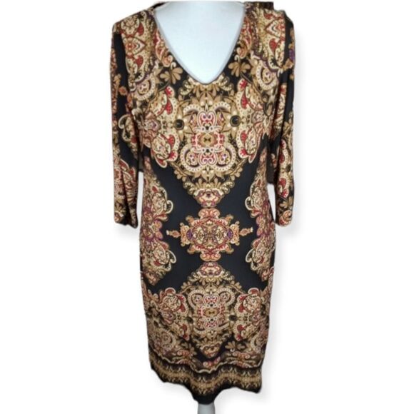 I.N.C INTERNATIONAL CONCEPTS BLACK, GOLD & BURGUNDY DRESS SZ.S EUC - Picture 1 of 7